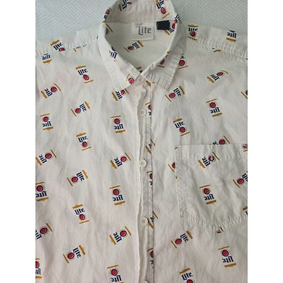 Miller Lite Beer Can Print Button Up Short Sleeve Shirt Men's Medium - Picture 2 of 8